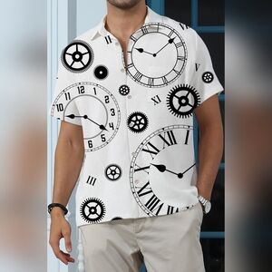 KYKU Men's Button Down Short Sleeve Shirt, White with Black Clocks, SMALL